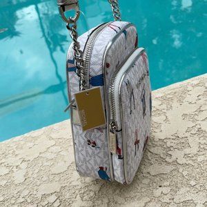MICHAEL KORS WOMEN LADY SKI GIRL SKIER CHAIN CROSSBODY BAG WHITE LOGO GREY LTH